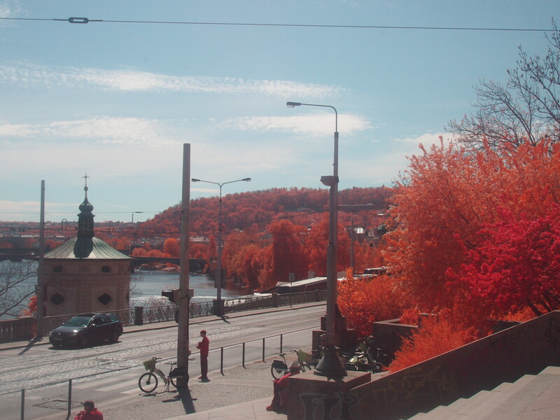 A Prague waterfront taken with the E-PL3 full spectrum converted camera. The trees are red, the sky is light blue.